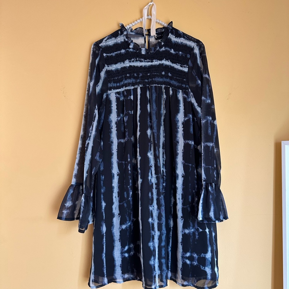 Blue and White Mini Dress with Bell Sleeves